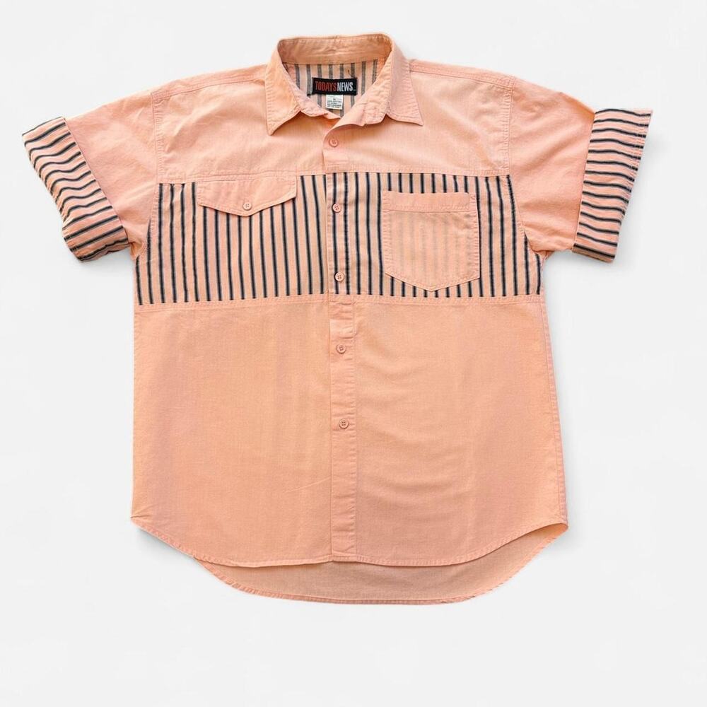Pink and navy blue striped short sleeve vintage button-up shirt TODAYS NEWS